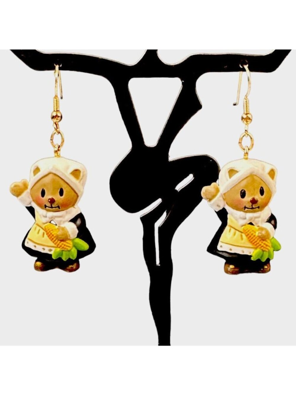 Thanksgiving Bear Earrings Pilgrim-Themed By Gibson Hand-Painted Resin With Hook